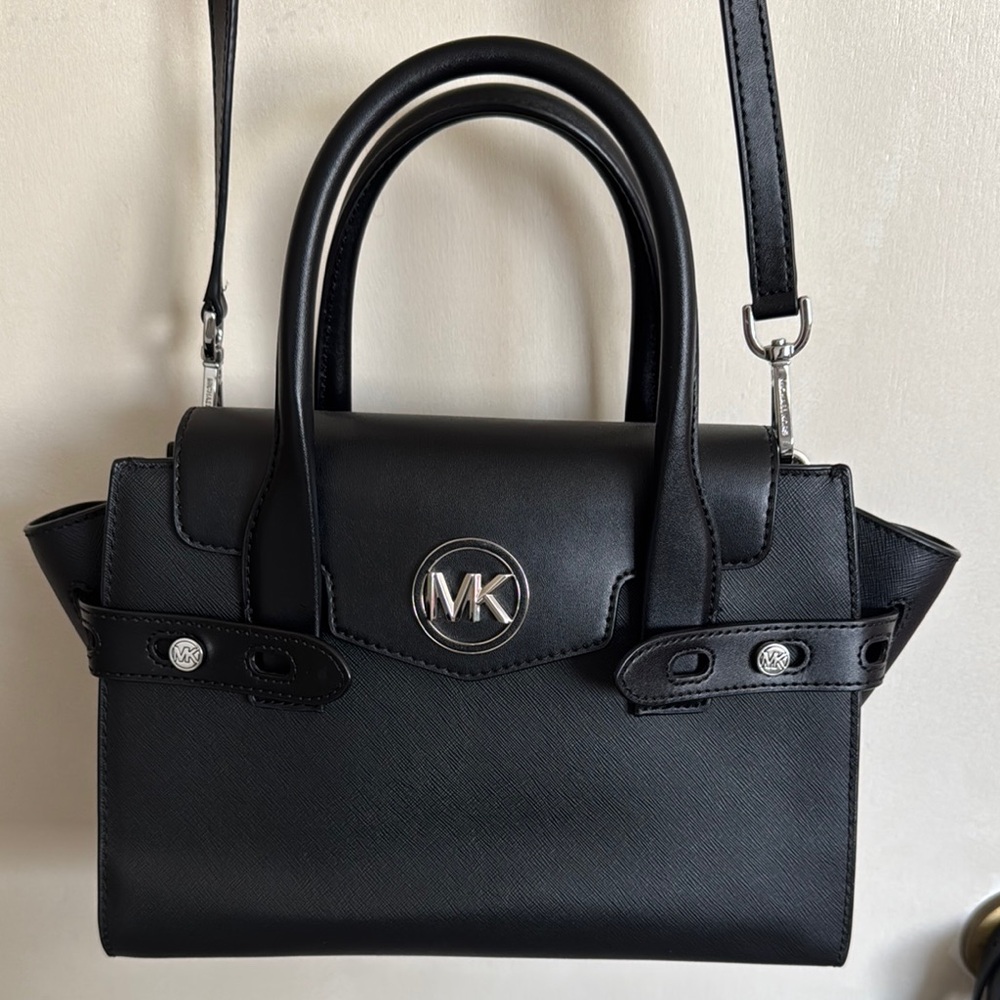 Michael Kors Black Satchel with Textured Leather and Silver Emblem